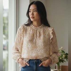 LOFT Cream Blouse with Gold Floral Print and Ruffle Details